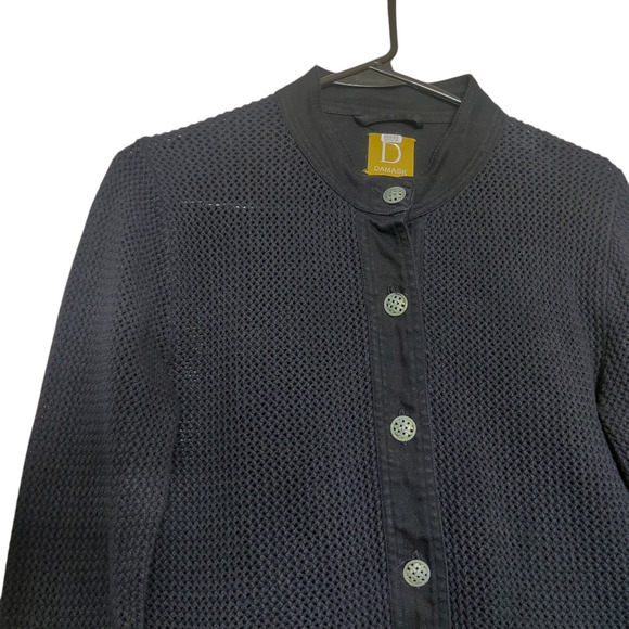 D Damask Women's Medium Cotton Woven Basket Knit Navy Blue Cardigan Sweater - Picture 3 of 9